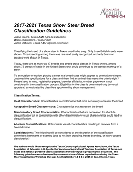 2017-2021 Texas Show Steer Breed Classification Guidelines