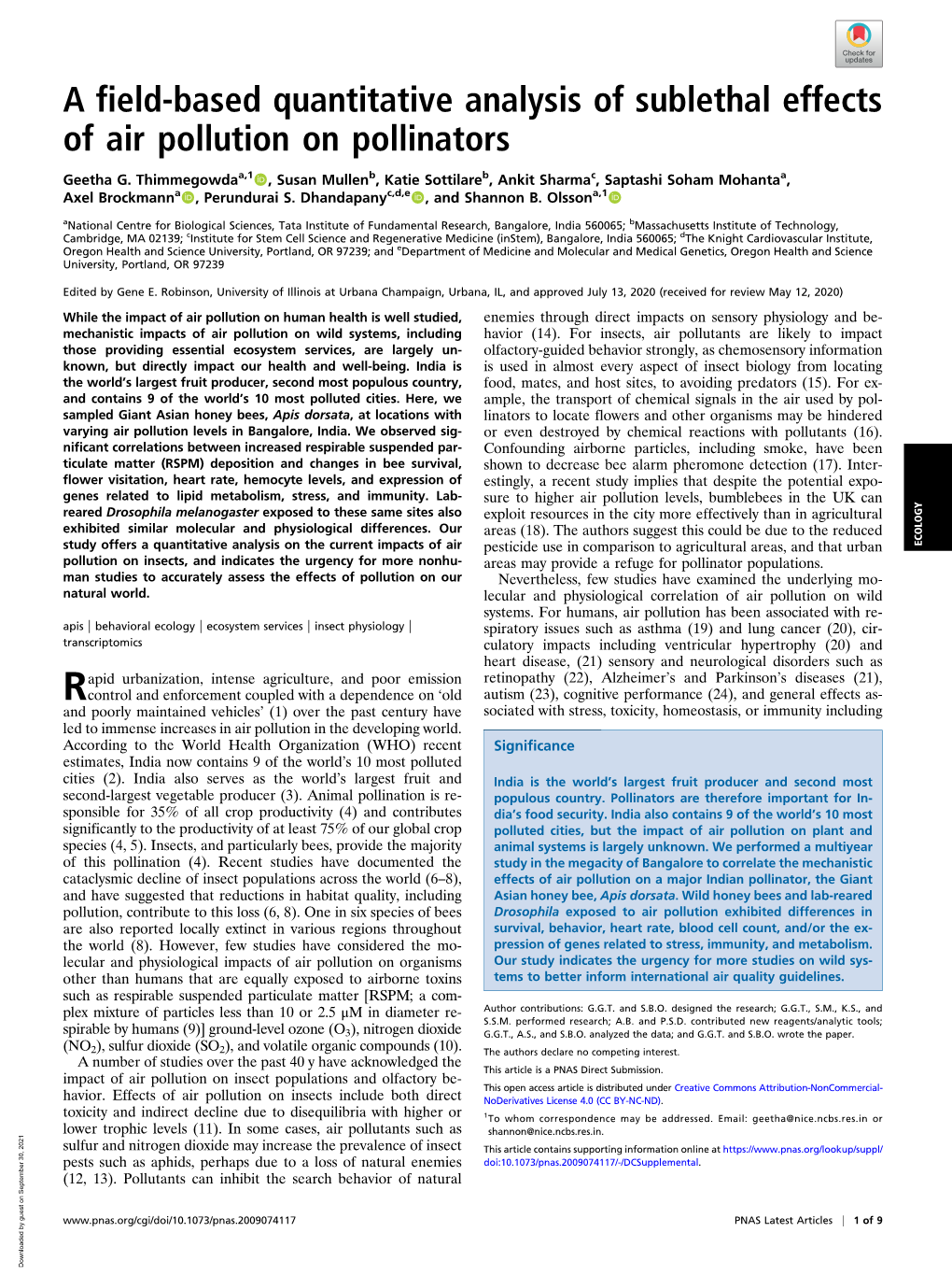 A Field-Based Quantitative Analysis of Sublethal Effects of Air Pollution on Pollinators