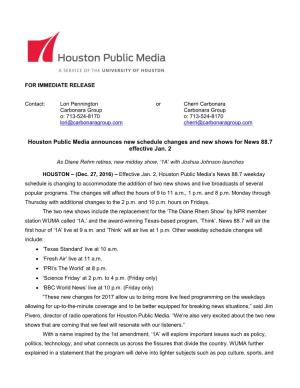 Houston Public Media Announces New Schedule Changes and New Shows for News 88.7 Effective Jan