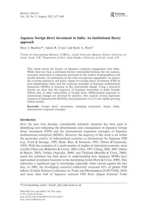 Japanese Foreign Direct Investment in India: an Institutional Theory Approach Peter J
