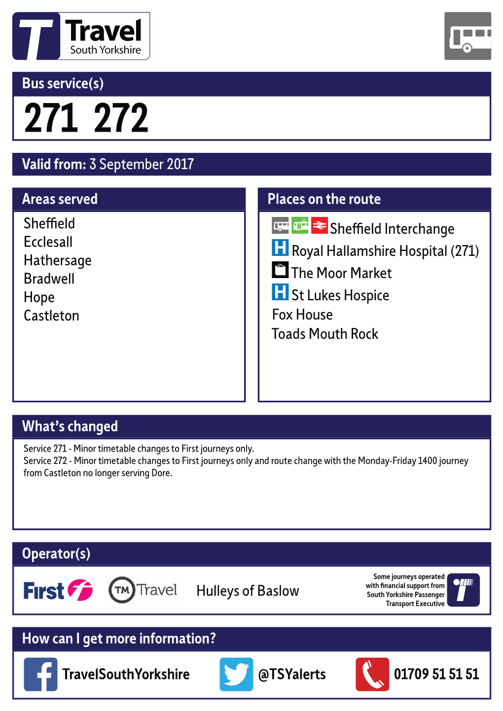 Valid From: 3 September 2017 Bus Service(S) What's Changed Areas Served Sheffield Ecclesall Hathersage Bradwell Hope Castleton