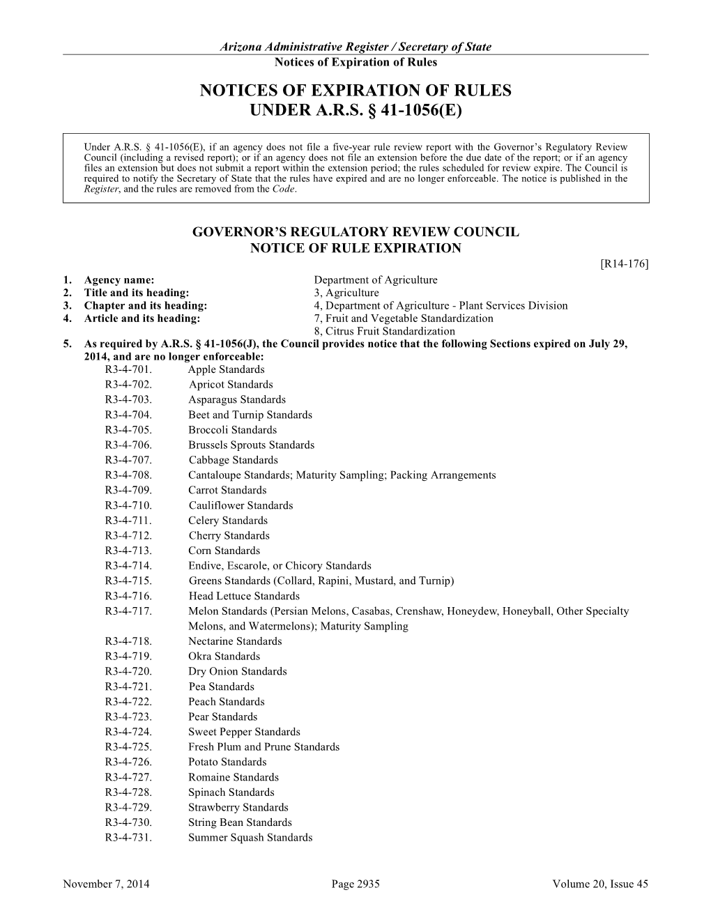 Notices of Expiration of Rules Under A.R.S. § 41-1056(E) 2935