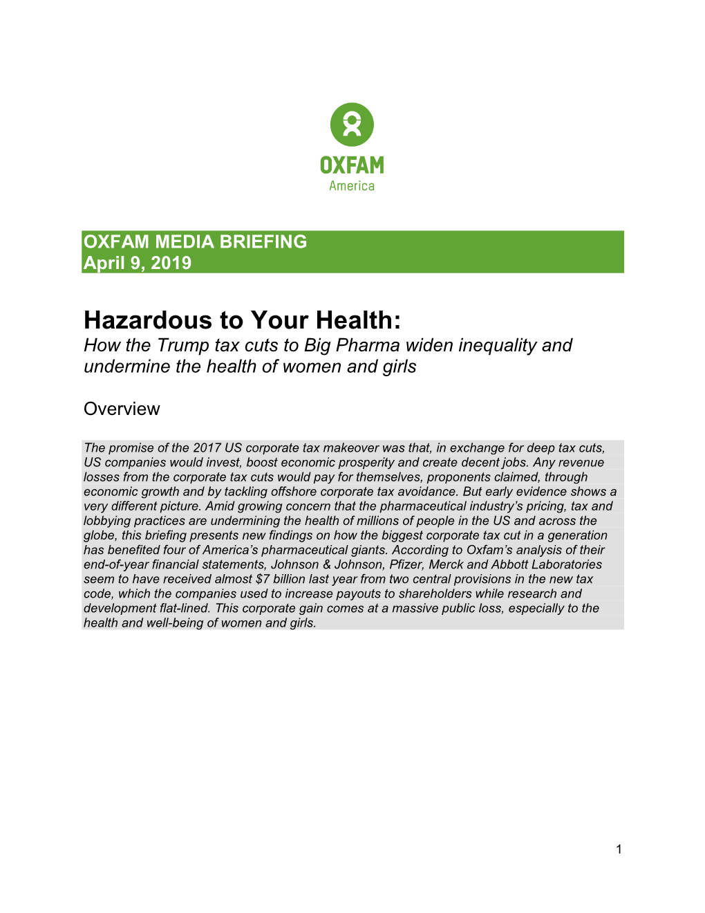 Hazardous to Your Health: How the Trump Tax Cuts to Big Pharma Widen Inequality and Undermine the Health of Women and Girls