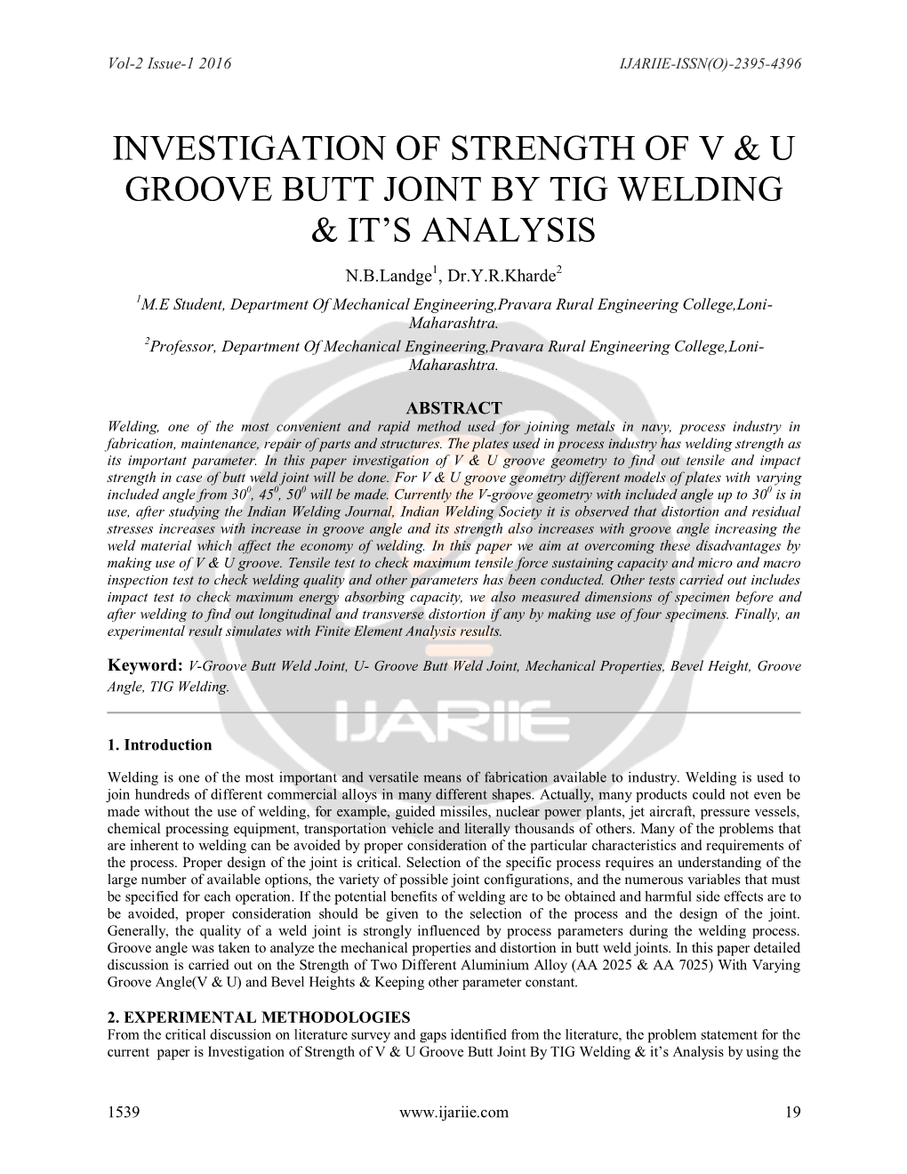 Investigation of Strength of V & U Groove Butt Joint by Tig
