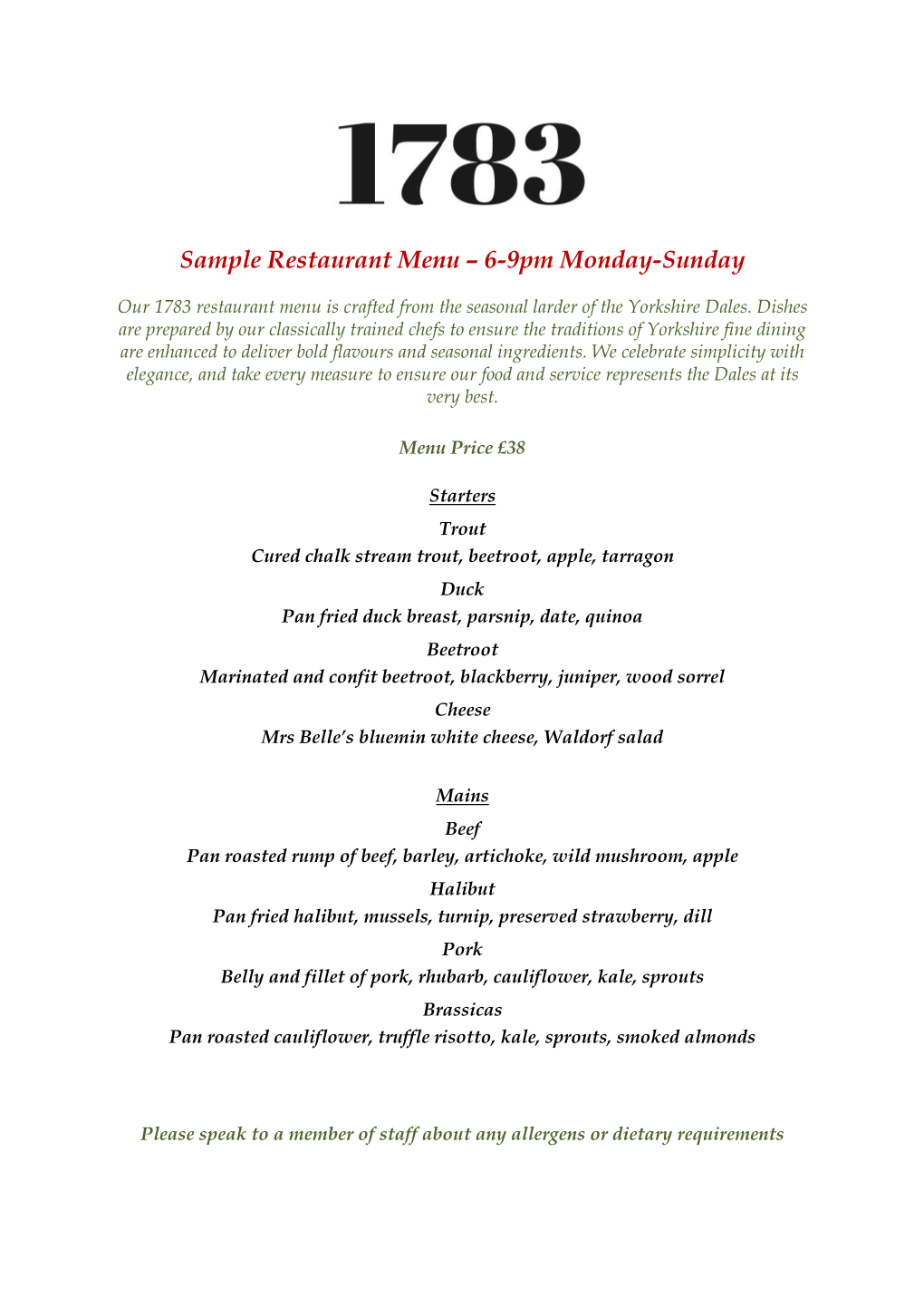 Sample Restaurant Menu – 6-9Pm Monday-Sunday