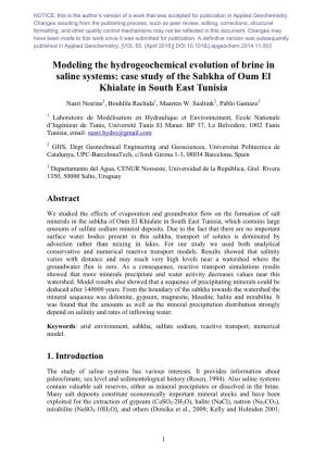 Modeling the Hydrogeochemical Evolution of Brine in Saline Systems: Case Study of the Sabkha of Oum El Khialate in South East Tunisia