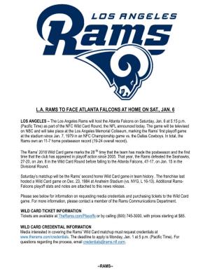 La Rams to Face Atlanta Falcons at Home on Sat Jan 6
