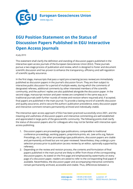 EGU Position Statement on the Status of Discussion Papers Published in EGU Interactive Open Access Journals