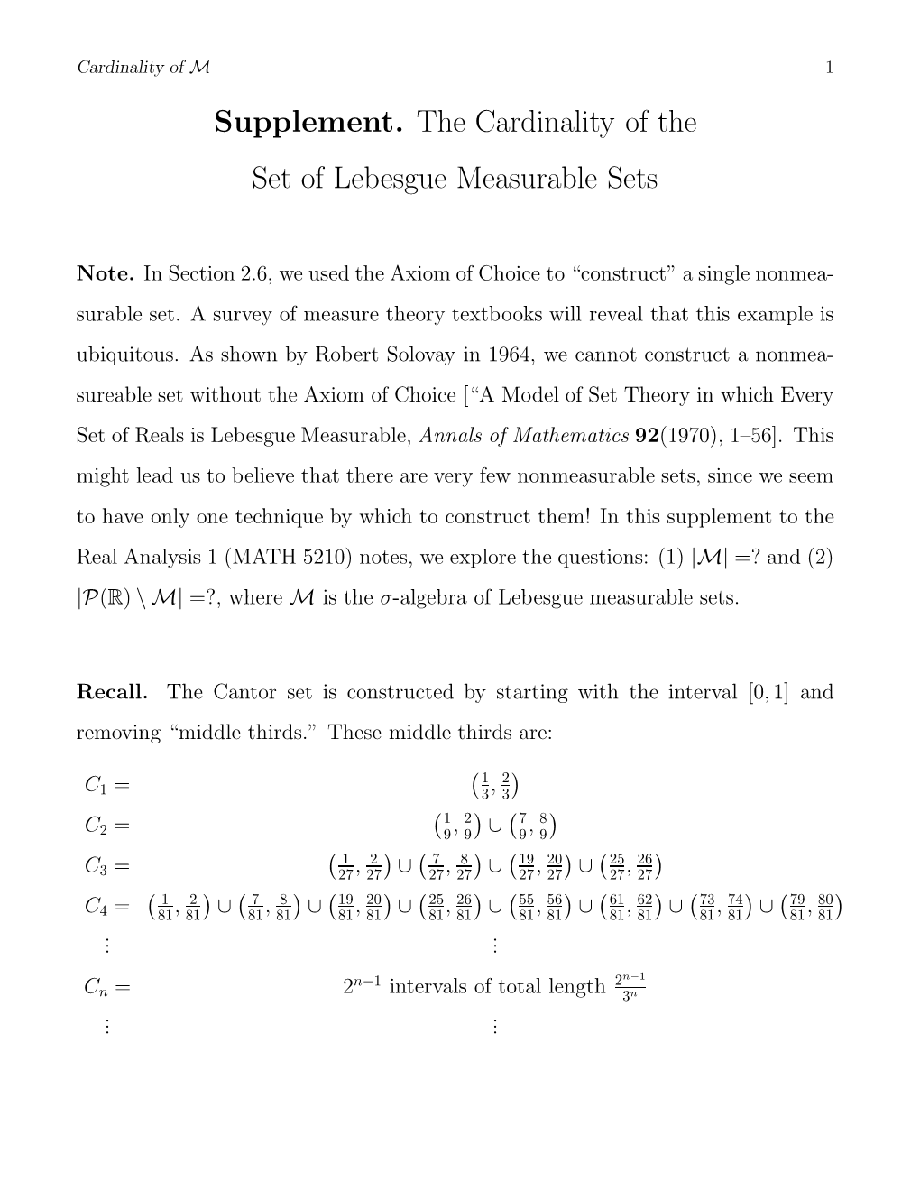 Supplement. the Cardinality of the Set of Lebesgue Measurable Sets