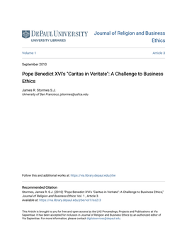 Pope Benedict XVI's "Caritas in Veritate": a Challenge to Business Ethics