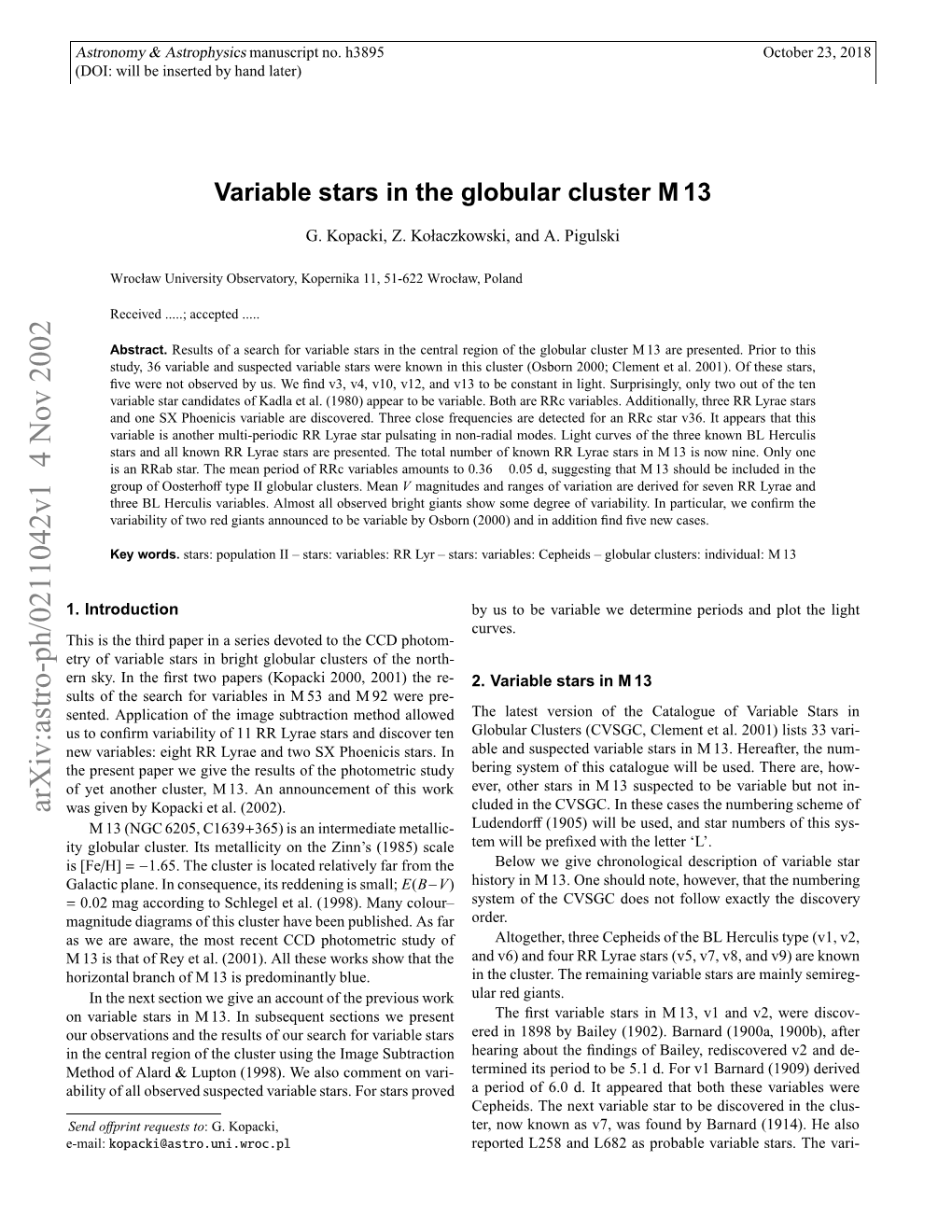 Variable Stars in the Globular Cluster M 13 Ability of V7 Was Conﬁrmed by Shapley (1915B)