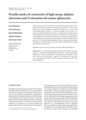 Possible Modes of Cytotoxicity of High Energy Aliphatic Nitroesters and N-Nitramines for Mouse Splenocytes