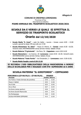 Allegato a COMUNE DI CRESPINA LORENZANA Provincia Di Pisa Area Servizi Al Cittadino PIANO ANNUALE DEL TRASPORTO SCOLASTICO 2020/2021