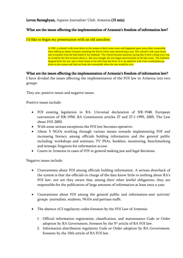 Levon Barseghyan, Asparez Journalists' Club, Armenia (15 Min) What Are the Issues Affecting the Implementation of Armenia's