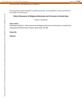 Ethnic Dimension of Religious Extremism and Terrorism in Central Asia Omelicheva, Mariya Y. Ethnic Dimension of Religious Extre
