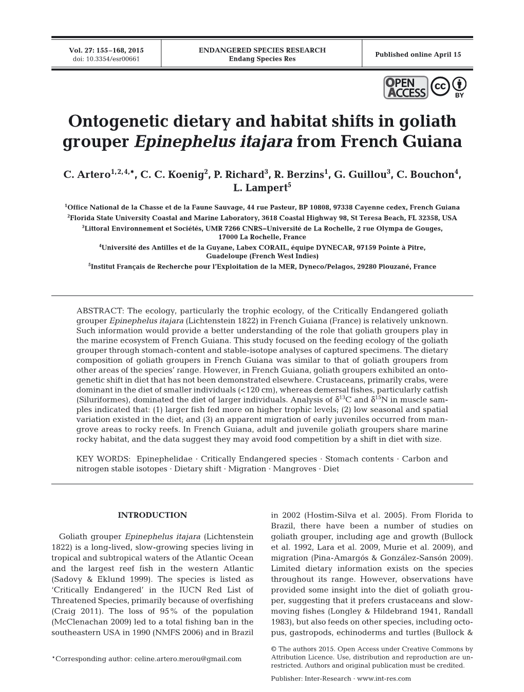 Ontogenetic Dietary and Habitat Shifts in Goliath Grouper Epinephelus Itajara from French Guiana