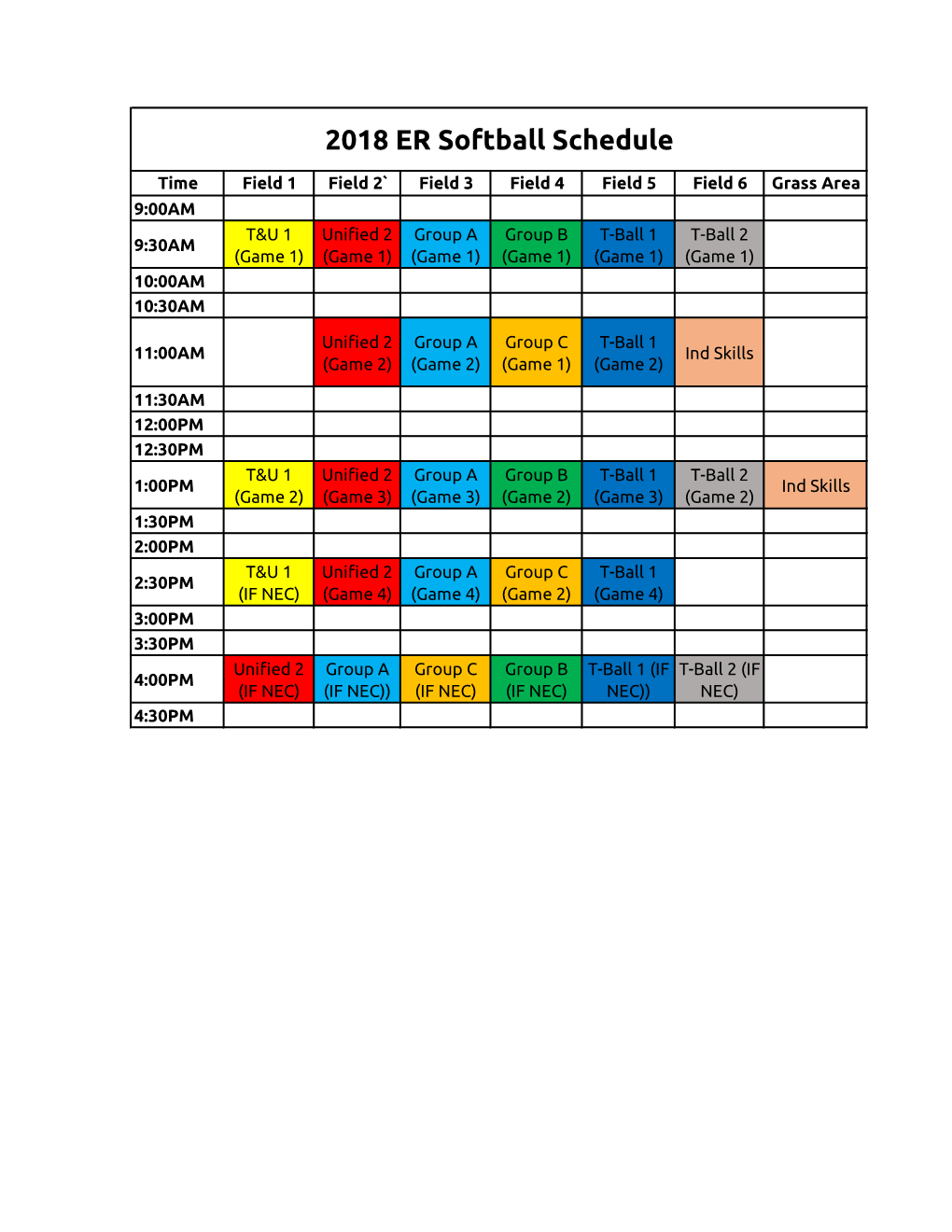 2018 ER Softball Schedule