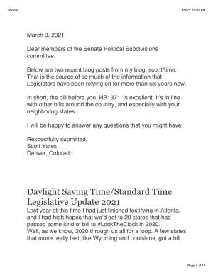 Daylight Saving Time/Standard Time Legislative Update 2021
