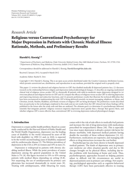 Religious Versus Conventional Psychotherapy for Major Depression in Patients with Chronic Medical Illness: Rationale, Methods, and Preliminary Results
