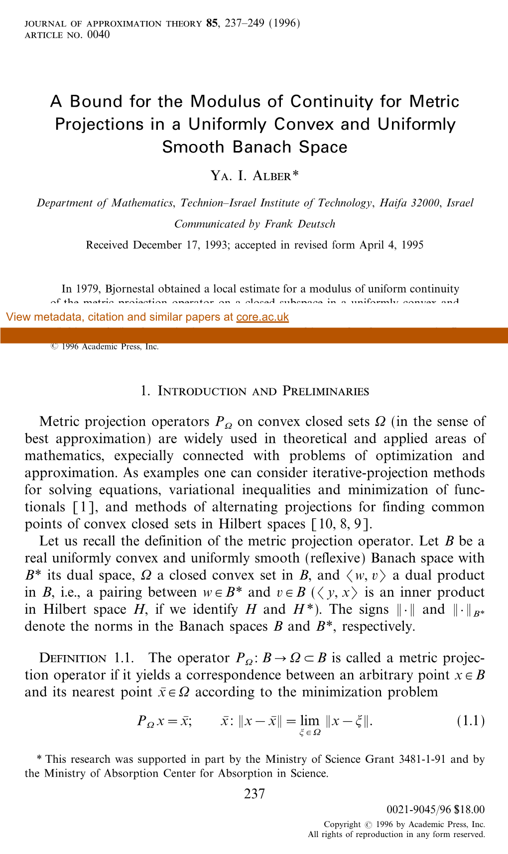 A Bound For The Modulus Of Continuity For Metric Projections In A ...