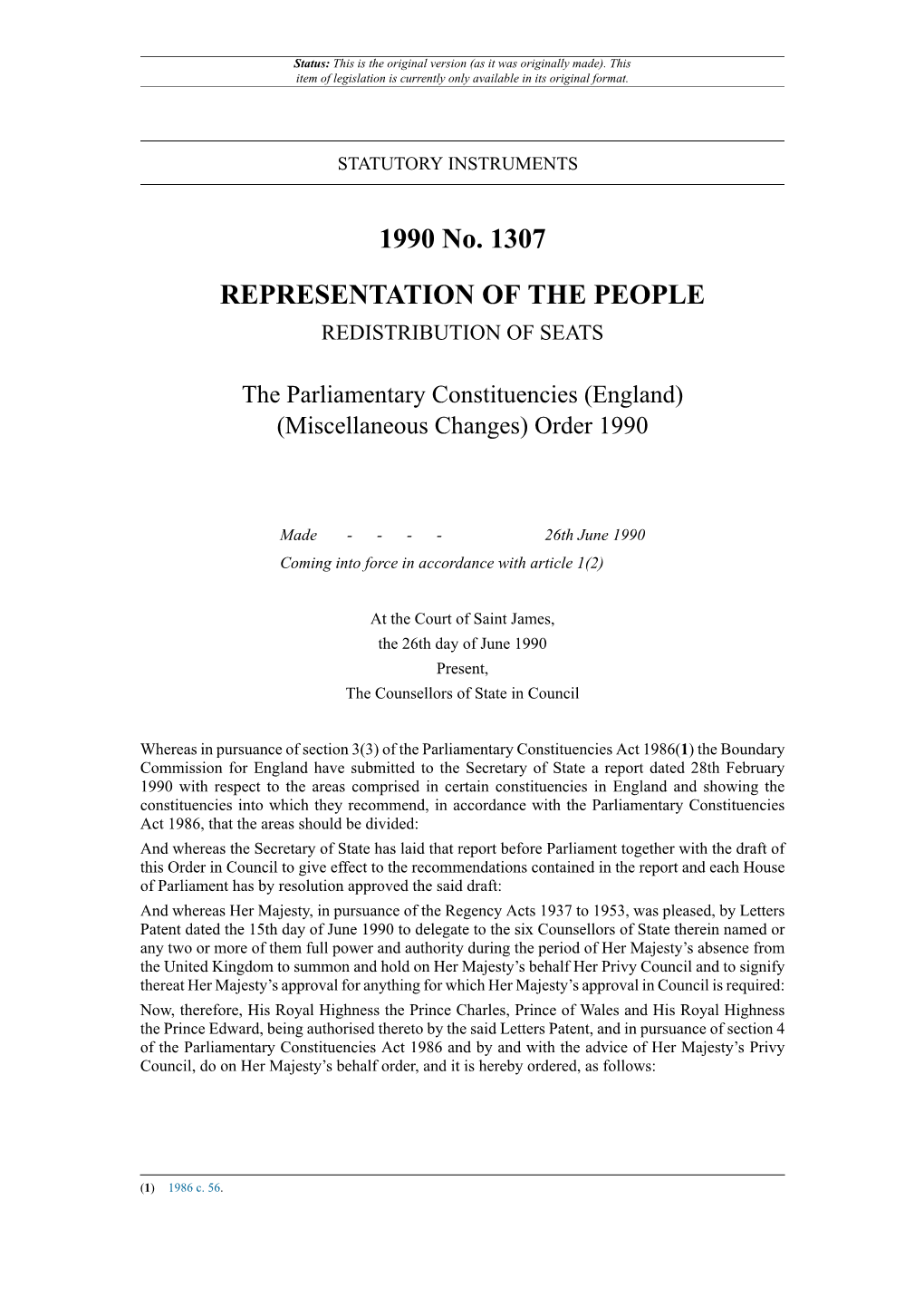 The Parliamentary Constituencies (England) (Miscellaneous Changes) Order 1990