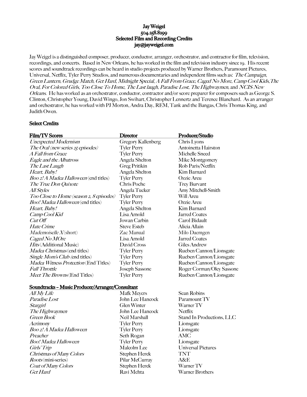 Jay Weigel 504.258.8299 Selected Film and Recording Credits Jay@Jayweigel.Com