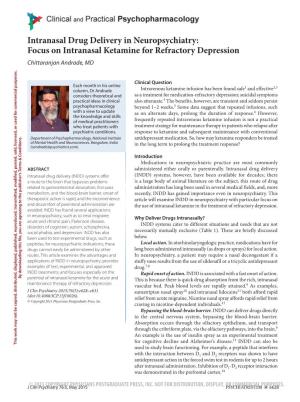 Intranasal Drug Delivery in Neuropsychiatry: Focus on Intranasal Ketamine for Refractory Depression Chittaranjan Andrade, MD