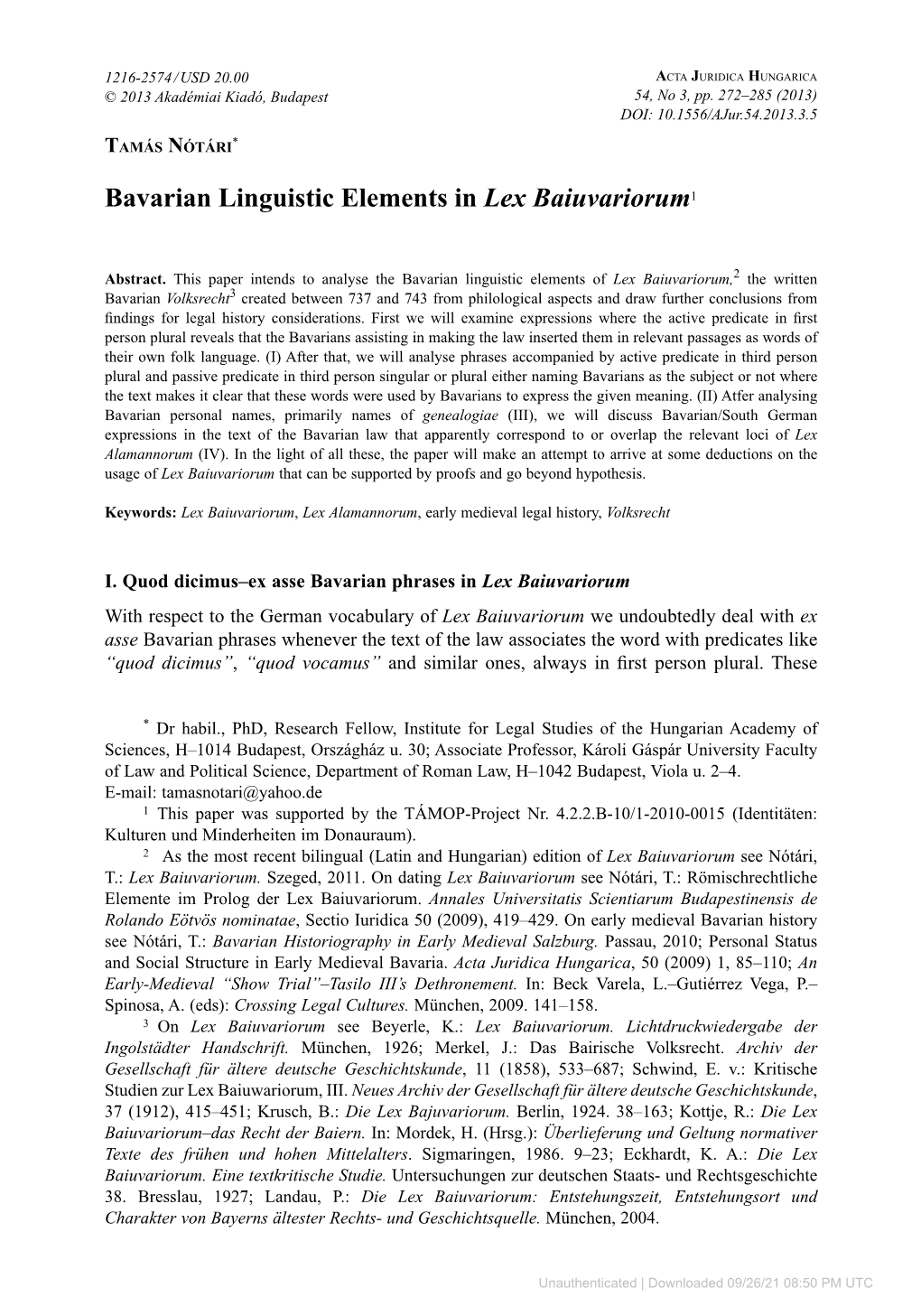 Bavarian Linguistic Elements in Lex Baiuvariorum1