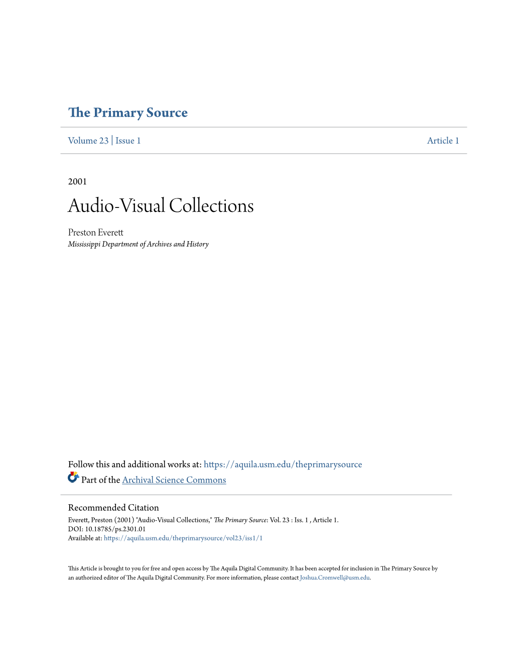 Audio-Visual Collections Preston Everett Mississippi Department of Archives and History