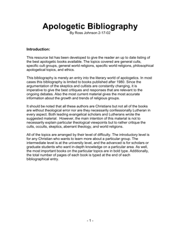 Apologetic Bibliography by Ross Johnson 2-17-02
