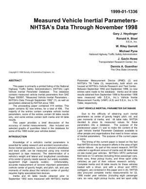Measured Vehicle Inertial Parameters- NHTSA’S Data Through November 1998 Gary J