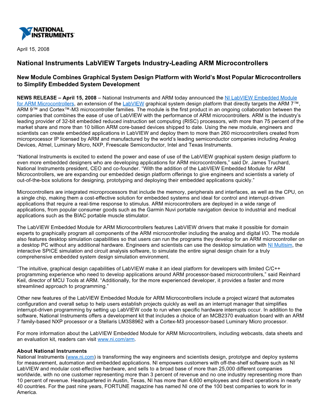 National Instruments Labview Targets Industry-Leading ARM Microcontrollers