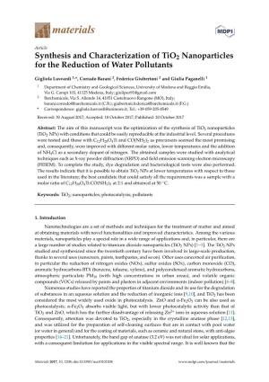 Synthesis and Characterization of Tio2 Nanoparticles for the Reduction of Water Pollutants