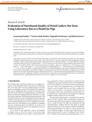 Research Article Evaluation of Nutritional Quality of Dried Cashew Nut Testa Using Laboratory Rat As a Model for Pigs