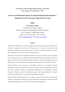 Is There Any Institutional Capacity for Integrated Regional Development? - Application of New Governance Approaches in Croatia
