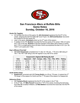 San Francisco 49Ers at Buffalo Bills Game Notes Sunday, October 16, 2016