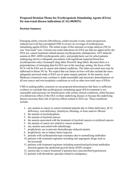 Proposed Decision Memo for Erythropoiesis Stimulating Agents (Esas) for Non-Renal Disease Indications (CAG-00383N)