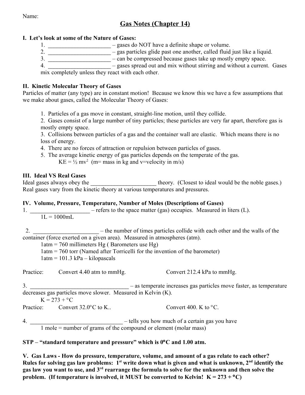 Gas Notes (Chapter 10) Part 1