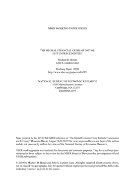 Nber Working Paper Series the Global Financial Crisis