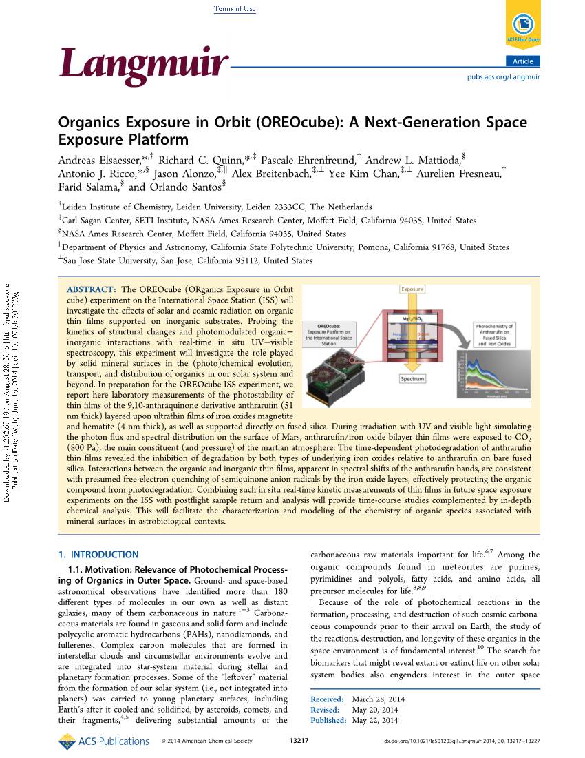 Organics Exposure in Orbit (Oreocube): a Next-Generation Space Exposure Platform Andreas Elsaesser,*,† Richard C