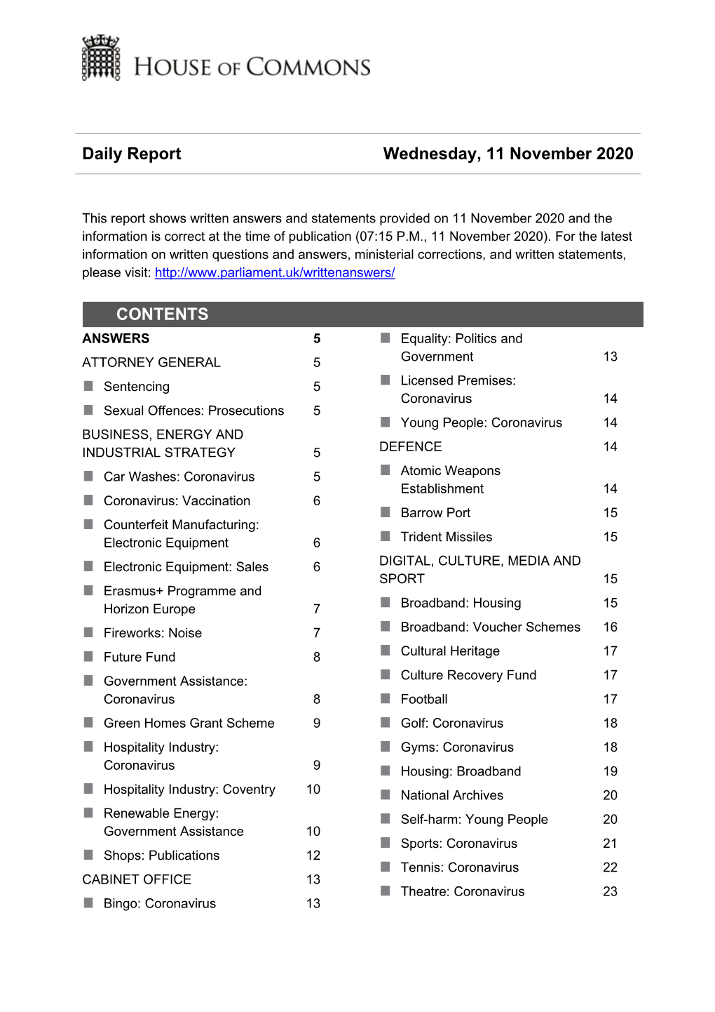 Daily Report Wednesday, 11 November 2020 CONTENTS
