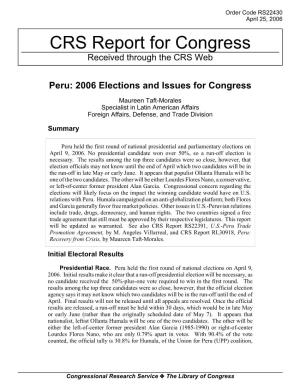 Peru: 2006 Elections and Issues for Congress