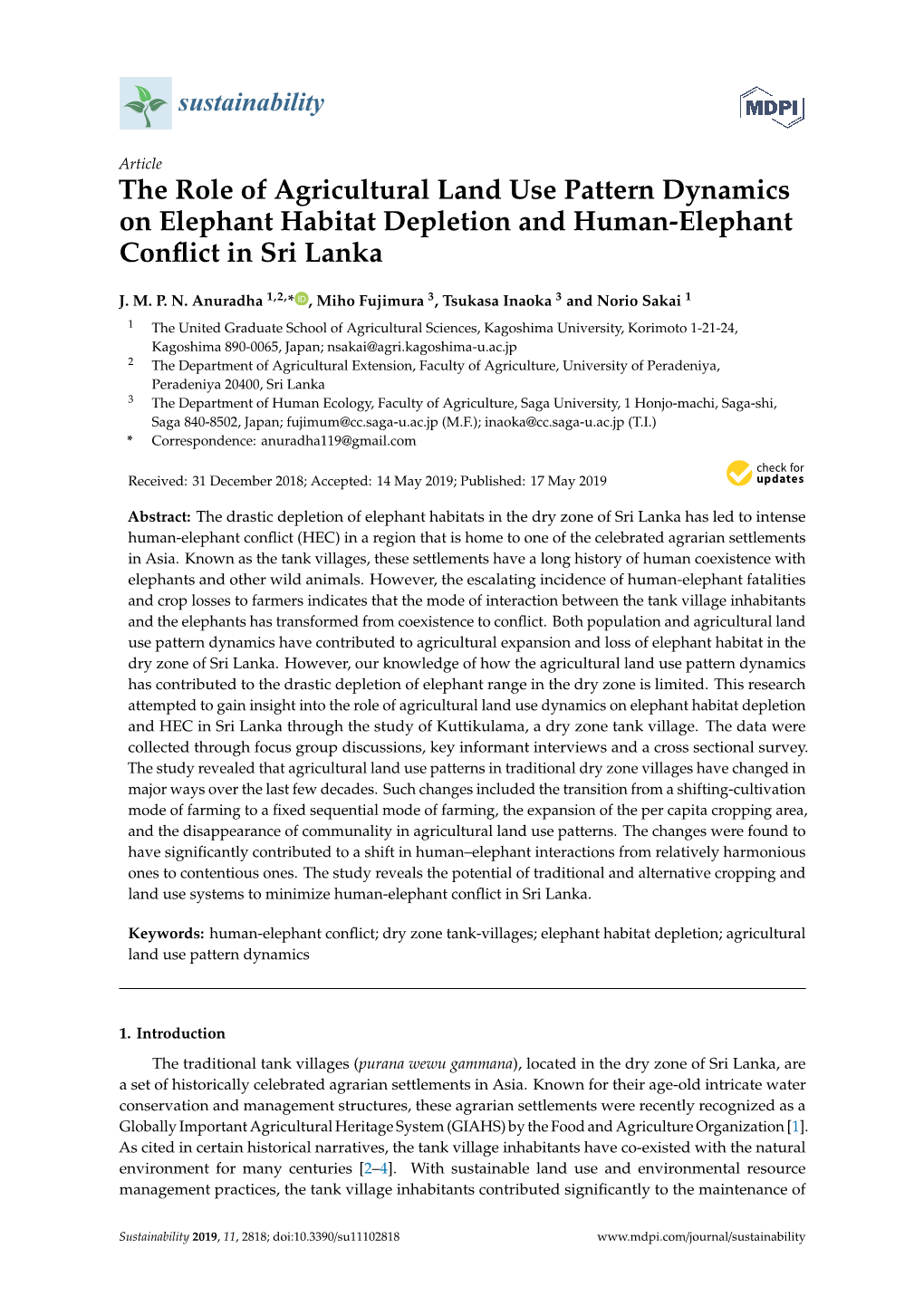 The Role of Agricultural Land Use Pattern Dynamics on Elephant Habitat Depletion and Human-Elephant Conﬂict in Sri Lanka