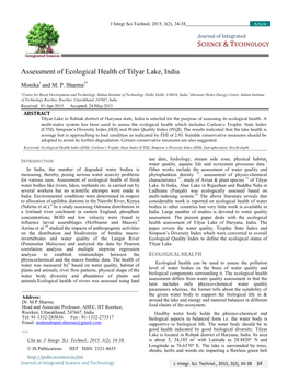 Assessment of Ecological Health of Tilyar Lake, India