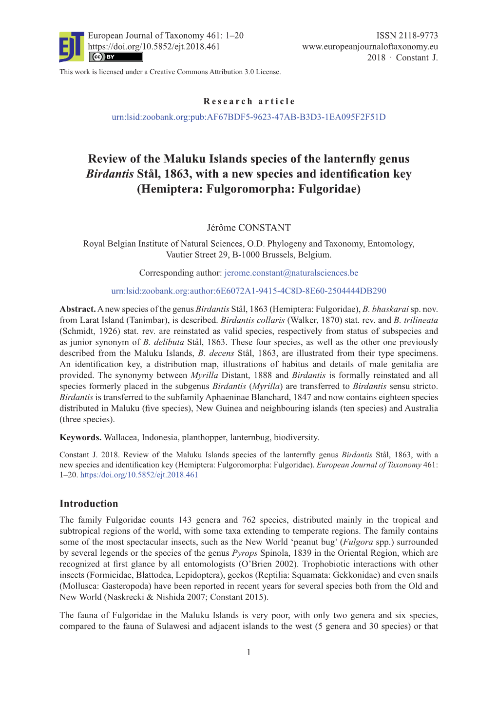 Review of the Maluku Islands Species of the Lanternfly Genus Birdantis Stål, 1863, with a New Species and Identification Key (H