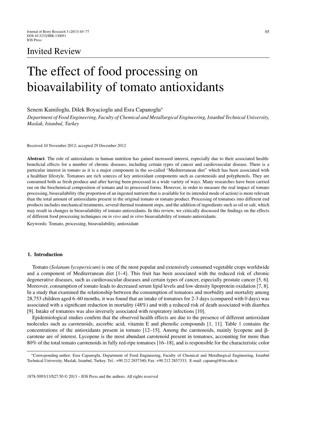 The Effect of Food Processing on Bioavailability of Tomato Antioxidants