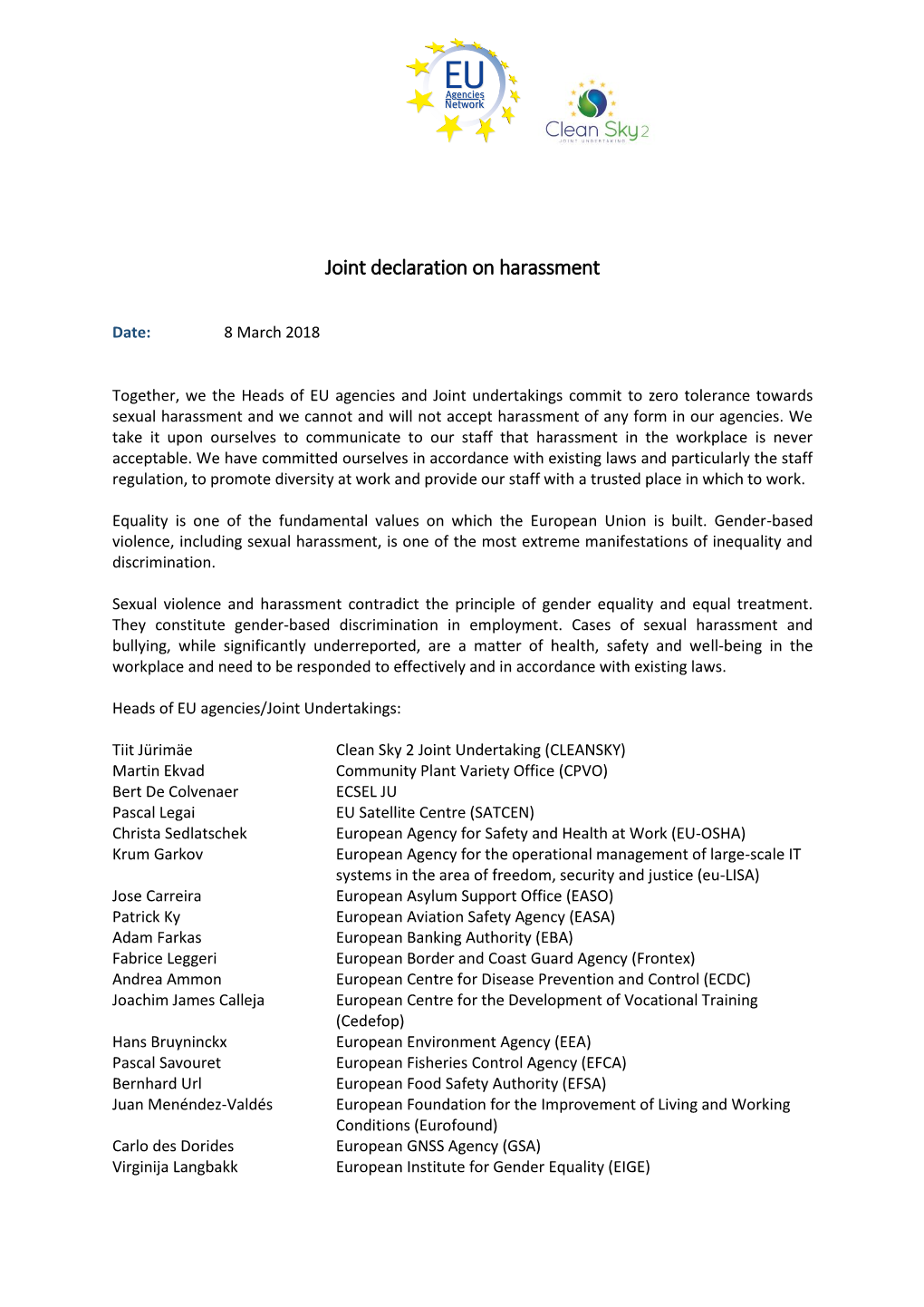 To Read the Joint Declaration on Harassment