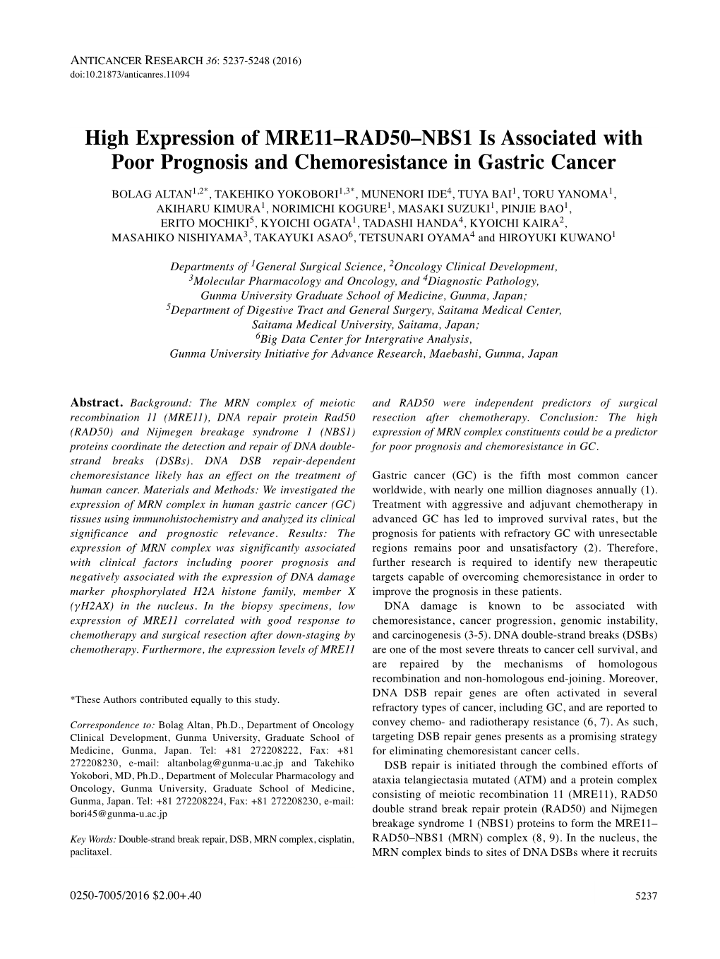 High Expression of MRE11–RAD50–NBS1 Is Associated with Poor