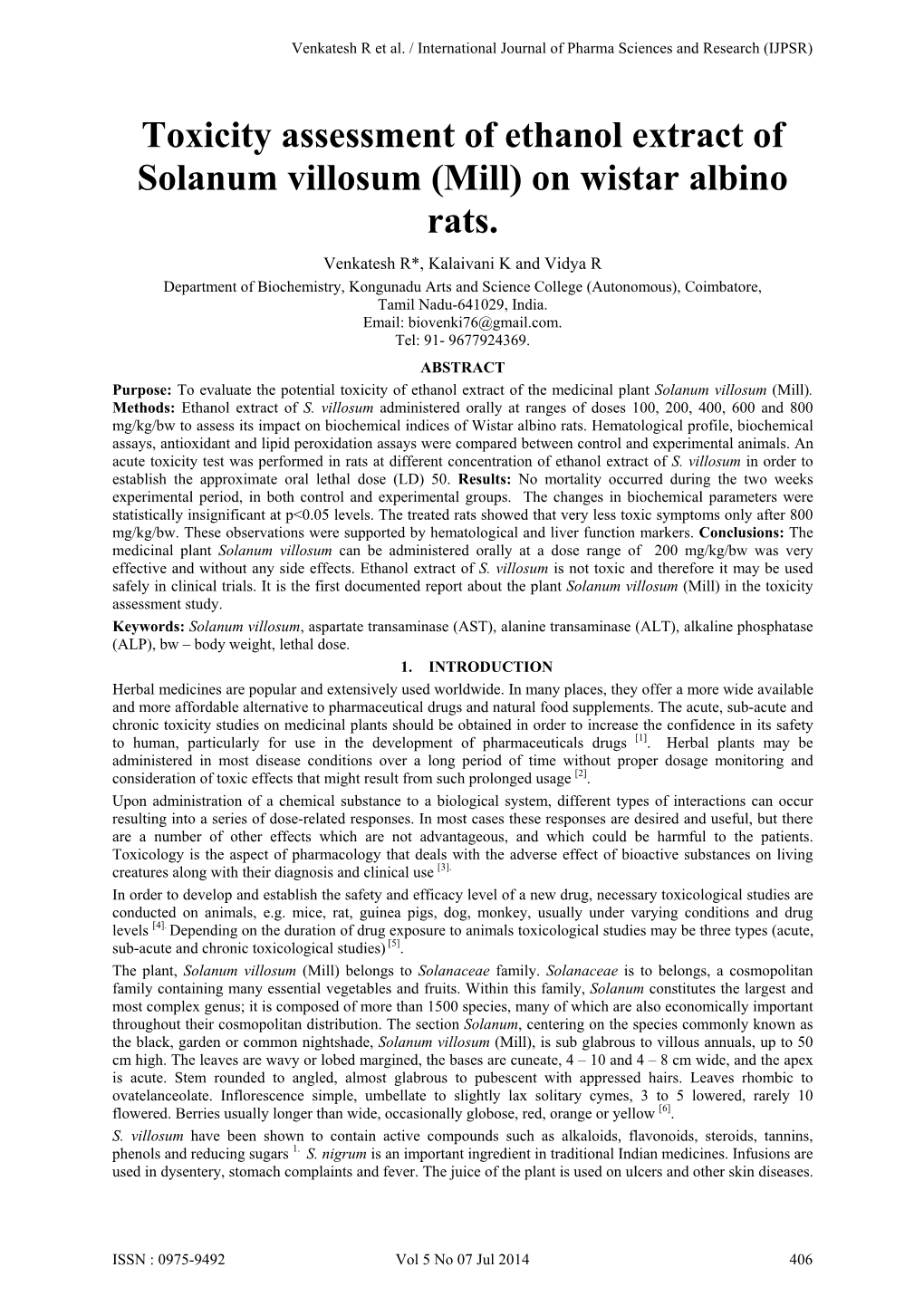 Toxicity Assessment of Ethanol Extract of Solanum Villosum (Mill) on Wistar Albino Rats