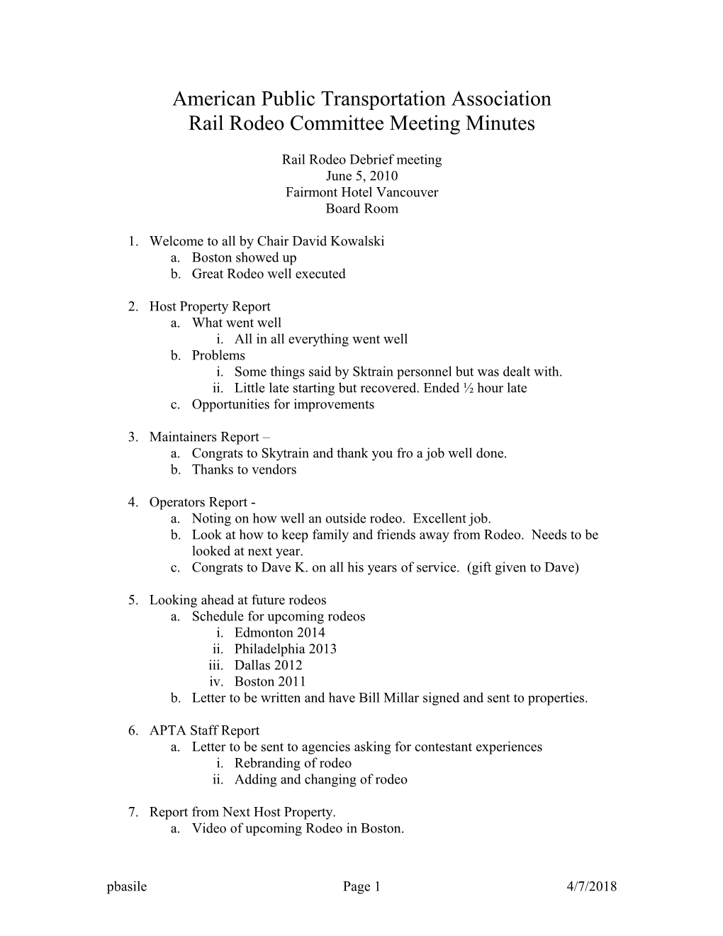 American Public Transportation Association Rail Rodeo Committee Meeting Minutes